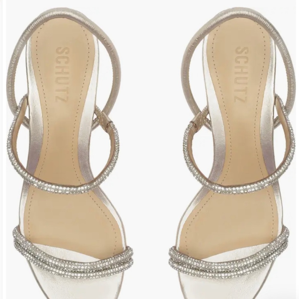 NEW Schutz Gold Crystal WHITELEY metallic BLOCK HEELS SHOES Sandals 6.5 - Picture 7 of 7